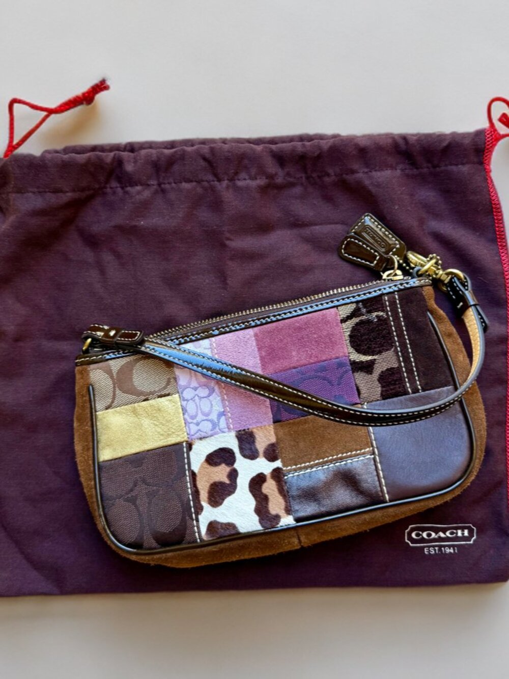 Coach Purple Leopard Demi Patchwork Shoulder Bag